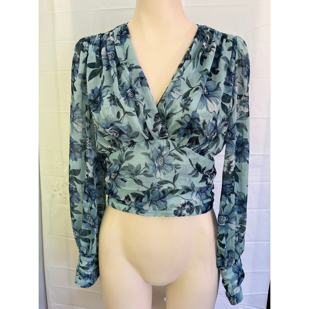 Floral Chiffon Wrap Crop Top Blue Teal Metallic Sheer Long Sleeve Blouse